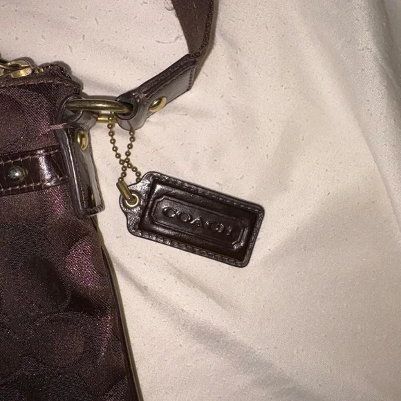 Coach Signature Jacquard Chocolate Brown Studded Crossbody Purse - Picture 3 of 10